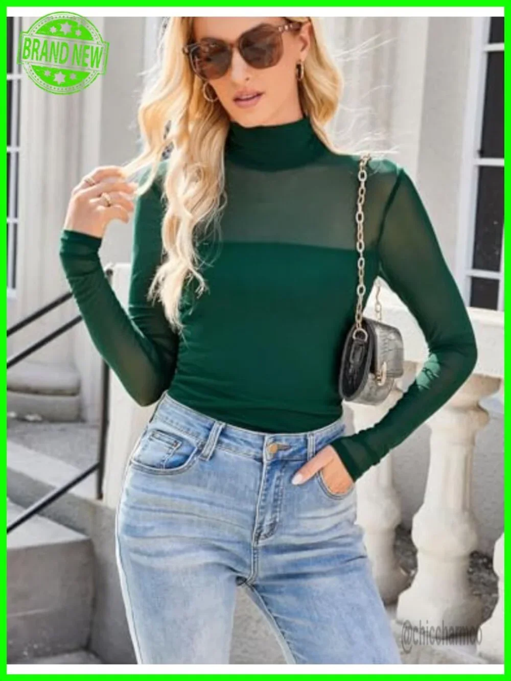 Mock Neck Long Sleeve Mesh Patchwork Slim Fit Tunic Tee